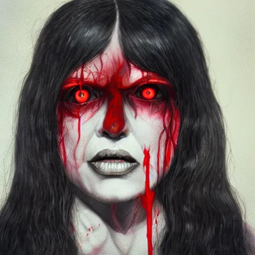 Prompt: a satanic screaming woman with bloody eyes by martine johanna and ruan jia, macabre