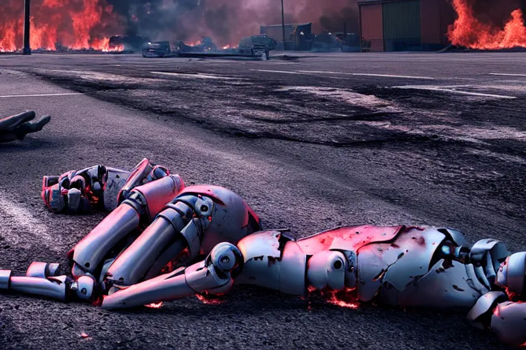 Image similar to vfx film closeup, dead robot couple on the ground holding hands, city street tire tracks fire. flat color profile low - key lighting award winning photography arri alexa cinematography, hyper real photorealistic cinematic atmospheric cool colorgrade