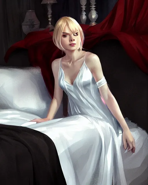 Prompt: gwen stacy wearing a satin nightgown, laying in bed, attractive, casual, digital painting, artstation, concept art, smooth, sharp focus, illustration, art by artgerm and greg rutkowski and sakimichan