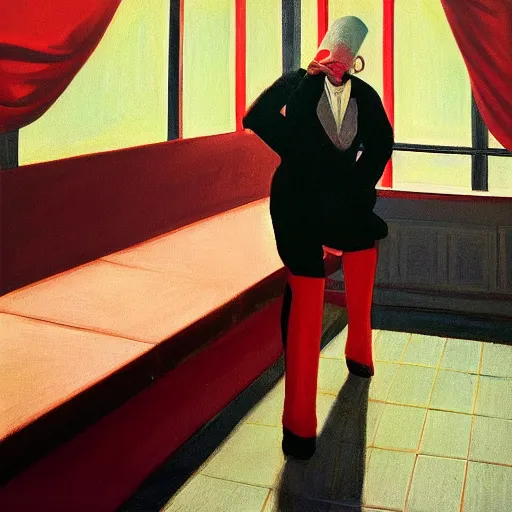 Prompt: a portrait of a vampire with a paper bag over his head, sitting in an 80s diner, painting in style of Edward Hopper, moody lighting, 4K,