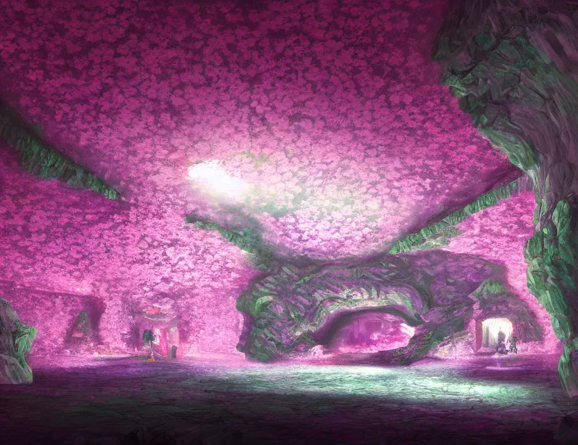 Prompt: vaporwave nightclub in a cherry blossom limestone cavern. oil painting by indie concept artist. backlighting, chiaroscuro, intricate details, field of depth.