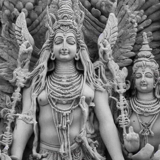 Image similar to sacred hindu flesh temple, shiva statue at the center, angel statue motives, 8 0's horror movie film still, highly detailed, symmetry, award - winning photography, 1 2 0 mm