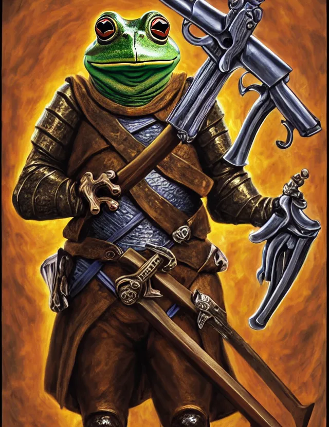 Prompt: anthropomorphic bipedal frog that is dressed as a medieval fighter, and dual wielding revolver pistols, as a baroque oil painting and d & d character art, by alex grey, standing, fullbody, floating bubbles, enlightenment, mystic, concept art, award - winning, extremely detailed, sharp focus