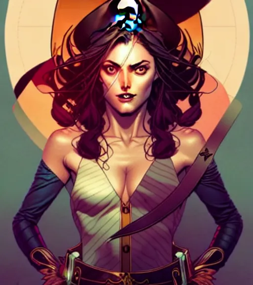 Image similar to artgerm, joshua middleton comic cover art, pretty pirate phoebe tonkin smiling, full body, symmetrical eyes, symmetrical face, long curly black hair, on a pirate ship background, warm colors