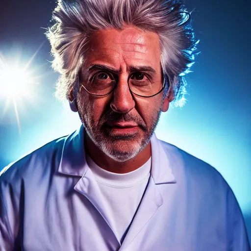 Image similar to portrait of rick sanchez, lab coat and tee shirt, lens flare, atmosphere, glow, detailed, intricate, full of colour, cinematic lighting, 4 k, hyperrealistic, focused, extreme details, cinematic, masterpiece