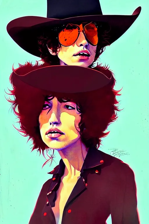 Image similar to a ultradetailed painting of bob dylan woman wearing a cowboy hat and smirking by conrad roset, greg rutkowski and makoto shinkai trending on artstation