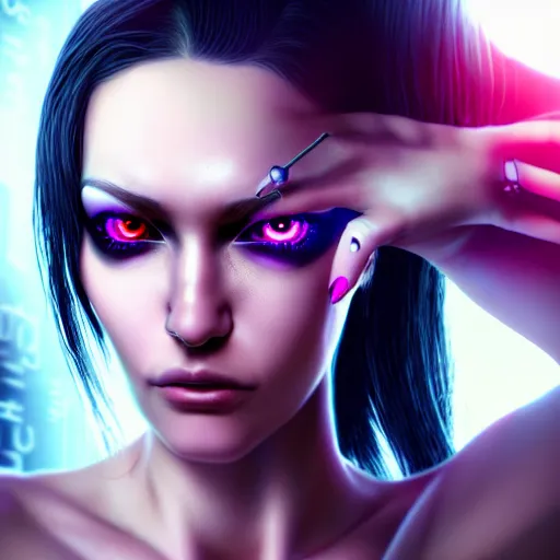 Prompt: realistic detailed portrait of Cyberpunk woman, portrait, long dark hair, Cyberpunk, Sci-Fi, science fantasy, glowing skin, full body, beautiful girl, extremely detailed, sharp focus, model