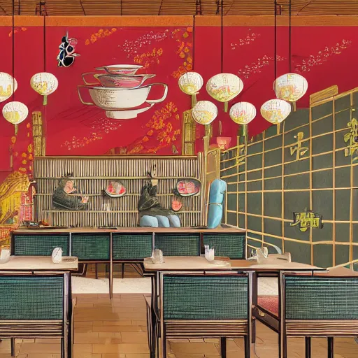 Prompt: a beautiful hyperdetailed interior 4 k hd wallpaper illustration of roasted string hotpot restaurant restaurant yan'an, corner, simple style, wall painting, from china, with merchant logo, simple structure, surrealistic, chinese style, victo ngai