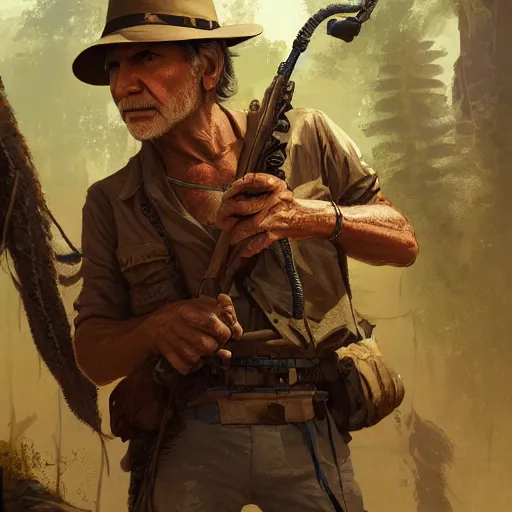 Prompt: harrison ford as indian jones, highly detailed, illustration, fantasy art, in the style of greg rutkowski, cinematic shot, epic, fantasy, intricate, hyper detailed, artstation, concept art, smooth, sharp focus, ray tracing