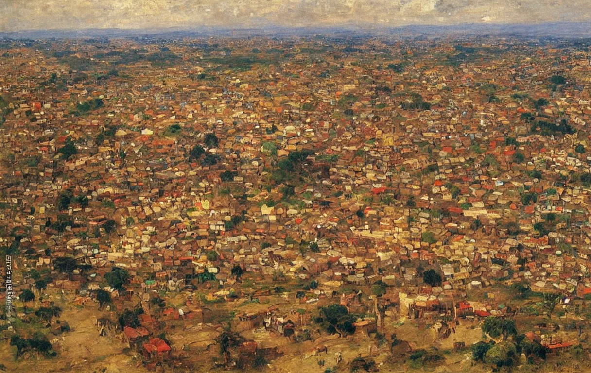 Prompt: walled city of abeokuta in nigeria from above, 1885, bright colors oil on canvas, by Ilya Repin