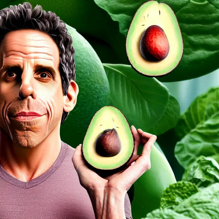 Image similar to ultra realistic illustration of ben stiller in the lotus position balancing stack of avocado on his head