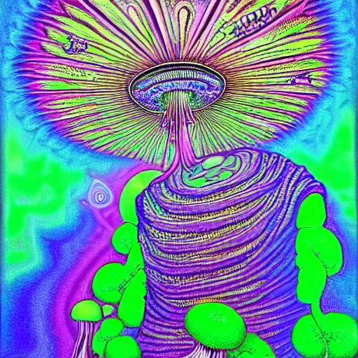 Image similar to Terence McKenna reincarnated as a magic mushroom. in style of Alex Grey, highly detailed, blacklight poster