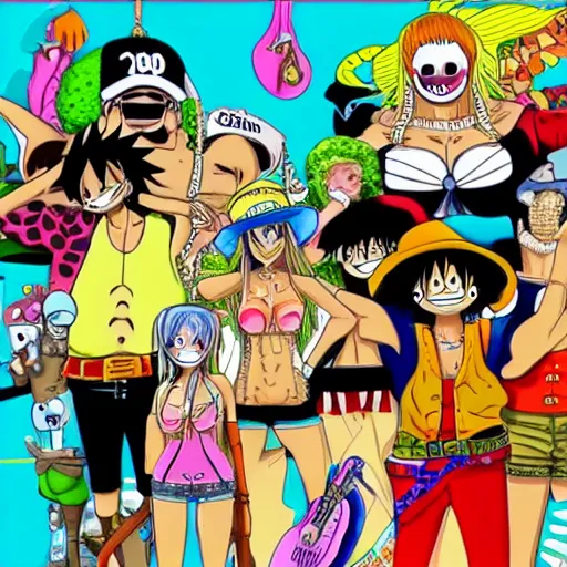Prompt: 1 0 0 gecs in the style of one piece