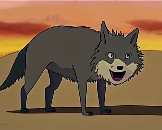 Image similar to a cell shaded cartoon grey six legged mechanic wolf from howl's moving castle ( 2 0 0 4 ), with a big head, on a desert road, wide shot, studio ghibli, hq