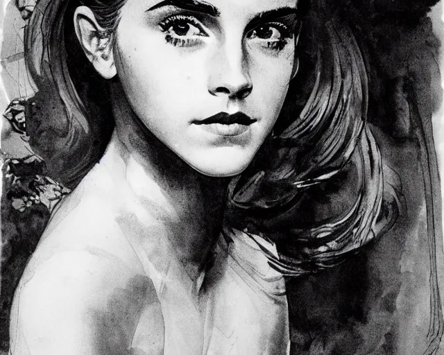 Prompt: portrait of emma watson by frank frazetta, black and white illustration, inked