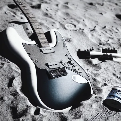 Image similar to a photo of a detailed, realistic, regular sized, sitting idle fender electric guitar next to a sitting idle beer can with an astronaut sitting on the moon surface. detailed photo. realistic photo. cinematic