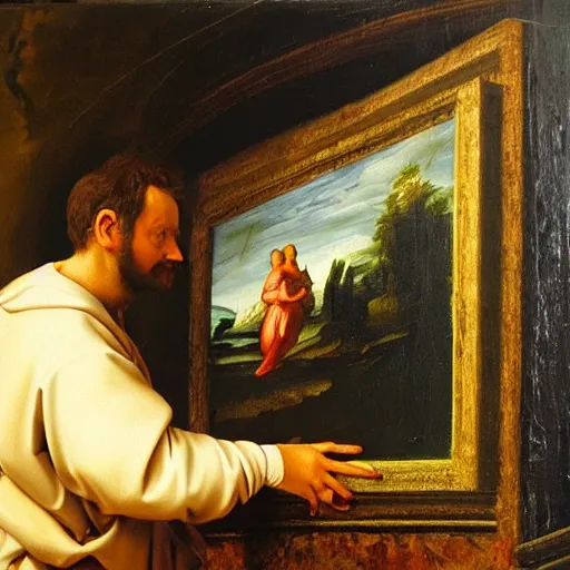 Prompt: oil on canvas, renaissance painting of a 3d artist happy, crouched and enthusiastic looking at the a computer screen with 3d character,