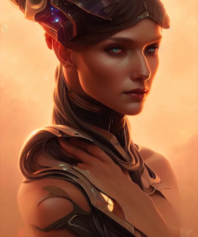 Image similar to futuristic woman portrait, sci-fi, amber eyes, face, long hair, fantasy, intricate, elegant, highly detailed, digital painting, artstation, concept art, smooth, sharp focus, illustration, art by artgerm and greg rutkowski and alphonse mucha