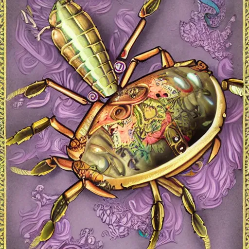 Prompt: hyperdetailed illustration of one small standalone crab in a flowerpunk steampunk cyber shell, with flemish baroque rococo unexpected maximalist elements. seen from the distance hd! matte paper background. childrenbook in soft natural pastel tones