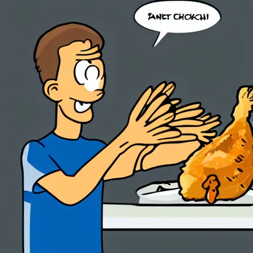 Image similar to a cartoon of a very skinny man feasting on chicken drumsticks
