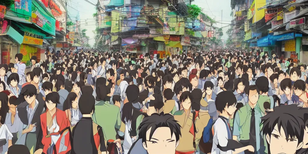 Prompt: streets of vietnam crowded dense urban hot cartoon style anime