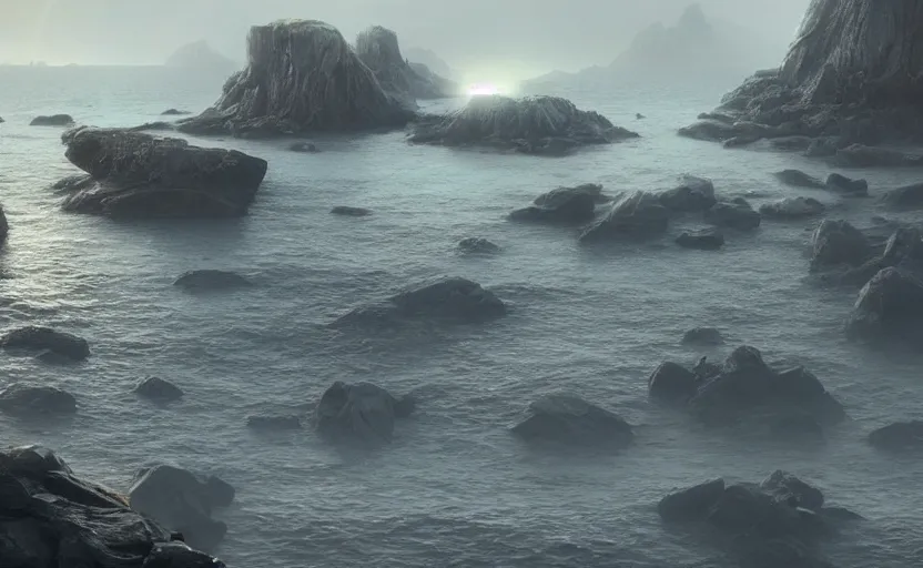 Image similar to giant glowing ufo, directed by charlie kaufman ( 2 0 0 1 ) anamorphic lenses, a rocky shore in the foreground, foggy volumetric light morning, a beam of light from the heavens, cinematic trending on artstation in the style of greg rutkowski