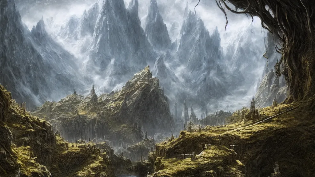 Image similar to middle - earth, by alan lee, michal karcz, smooth details, lord of the rings, game of thrones, smooth, detailed terrain, oil painting, trending artstation, concept art, fantasy matte painting