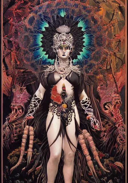 Prompt: Horizon zero dawn kali durga editorial by Wayne Barlowe designed by alexander mcqueen painted by caravaggio and by virgil finlay