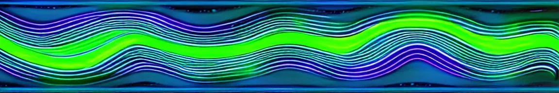 Image similar to abstract art representing signal waves trending toward the top - right and forming an inspired face, glowing blue and green neon streaks interwinding on a deep black background