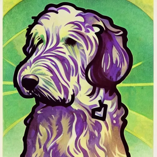 Image similar to cute, pop art style blonde bernedoodle, watercolor painting, by alphonse mucha and william morris