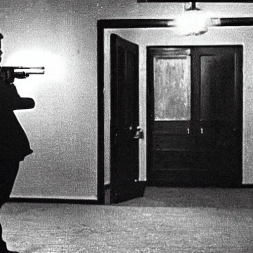 Image similar to A man in a black suit in a living room at night pointing a silenced gun at the camera, movie scene, dark