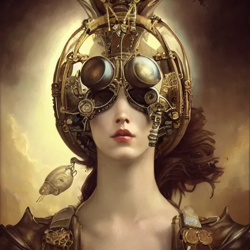 Prompt: tom bagshaw, curiosities carnival, soft paint of a single beautiful female in a full steampunk armor, rabbit - ear helm ornate, symmetry accurate features, focus, very intricate ultrafine details, award winning masterpiece