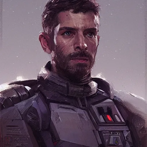 Prompt: portrait of a man by greg rutkowski, a soldier of the galactic dominion, wearing a purple and gray tactical gear, star wars expanded universe, highly detailed portrait, digital painting, artstation, concept art, smooth, sharp foccus ilustration, artstation hq