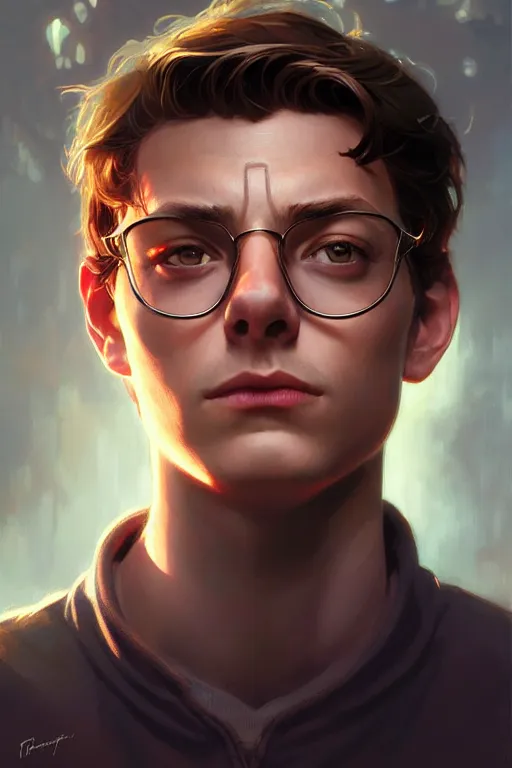 Prompt: Peter Parker, fantasy, portrait, sharp focus, intricate, elegant, digital painting, artstation, matte, highly detailed, concept art, illustration, ambient lighting, art by ilya kuvshinov, artgerm, Alphonse mucha, and Greg Rutkowski