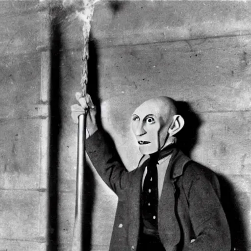 Prompt: vintage photograph of count orlok swinging a hammer over his head, working on the railroad