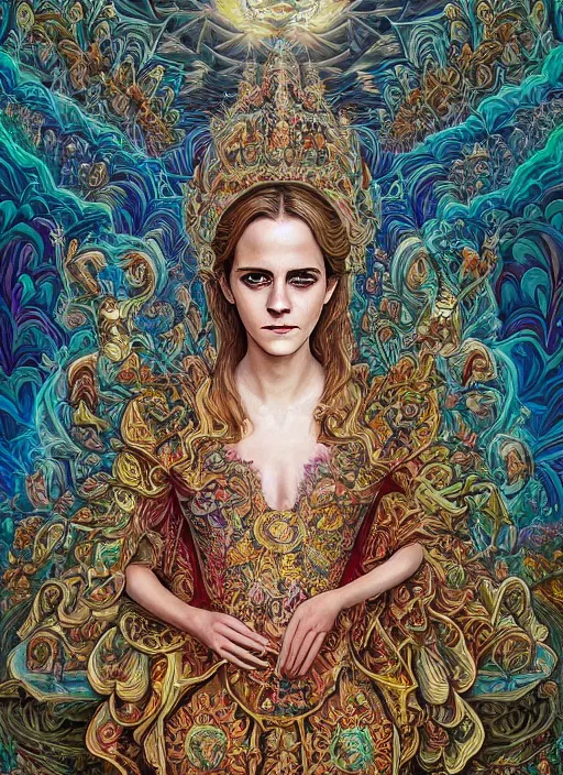 Prompt: beautiful oil painting, full length portrait of Emma Watson in baroque coronation robes 1701, Dan Mumford, Dan Mumford, Alex grey, Alex grey, highly detailed , lsd visuals, dmt fractal patterns, hallucinogen, visionary art, psychedelic art, ornate, vaporwave, baroque