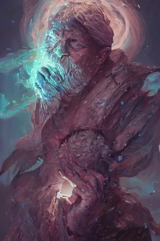 Image similar to the look of an elderly person, necromancer, witch - doctor covered with ice exploding into fire, full of wrinkles and imperfections, electricity highly detailed, high contrast, light reflection, trippy, nebula, trending on artstation by artgem, by peter mohrbacher, by wlop, by ruan jia