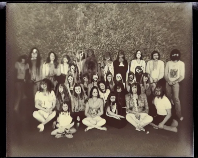 Prompt: gritty polaroid photo of a secretive cult meeting circa 1 9 7 8, archive image, scanned