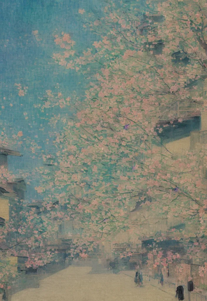 Image similar to a beautiful japanese city near the sea, ryokans and edo era houses, abstract fishes flying all around, cyberpunk, lofi vibe, oil painting in impressionist style, by monet, by makoto shinkai, multiple brush strokes, inspired by ghibli, masterpiece