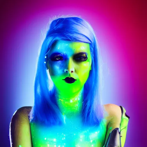 Image similar to Portrait of a beautiful cyberpunk android, blue lipstick, fluorescent pink face paint, bright green hair, metallic cyan bodysuit