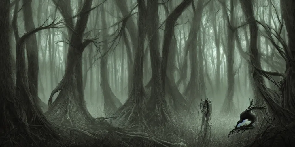 Prompt: creepy creature in a dark forest, digital art, realistic, detailed, artstation