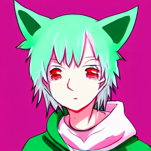 Image similar to cute young anime man with pink hair and pink wolf ears wearing a collar and a green hoodie, artstation