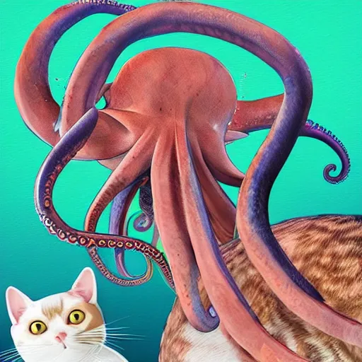 Image similar to octopus and cats taking a selfie together, photorealistic