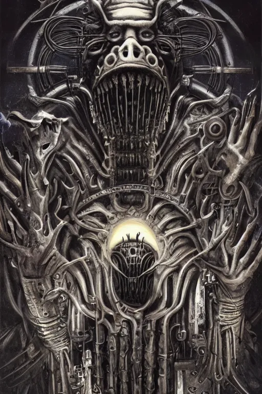 Image similar to Moloch, whose mind is pure machinery, eerie, sinister, horror, illustrated by Anne Stokes and H R Giger and Adrian Borda, super detailed, 4k, 8k