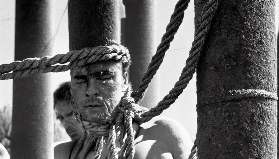 Prompt: 1 9 7 0 s movie still close - up of marcus atilius regulus tied with ropes at a pole with his wide open bleeding eyes looking at the burning sun, cinestill 8 0 0 t 3 5 mm b & w, high quality, heavy grain, high detail, texture, dramatic light, anamorphic, hyperrealistic, detailed hair