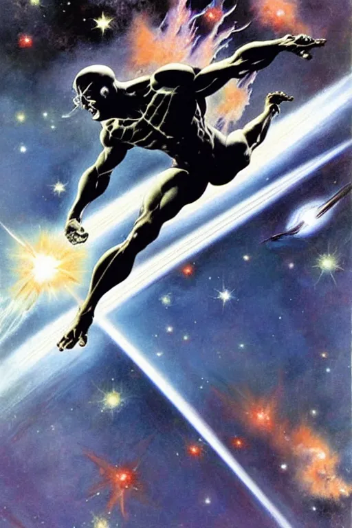 Image similar to Silver Surfer flying through space, by Frank Frazetta