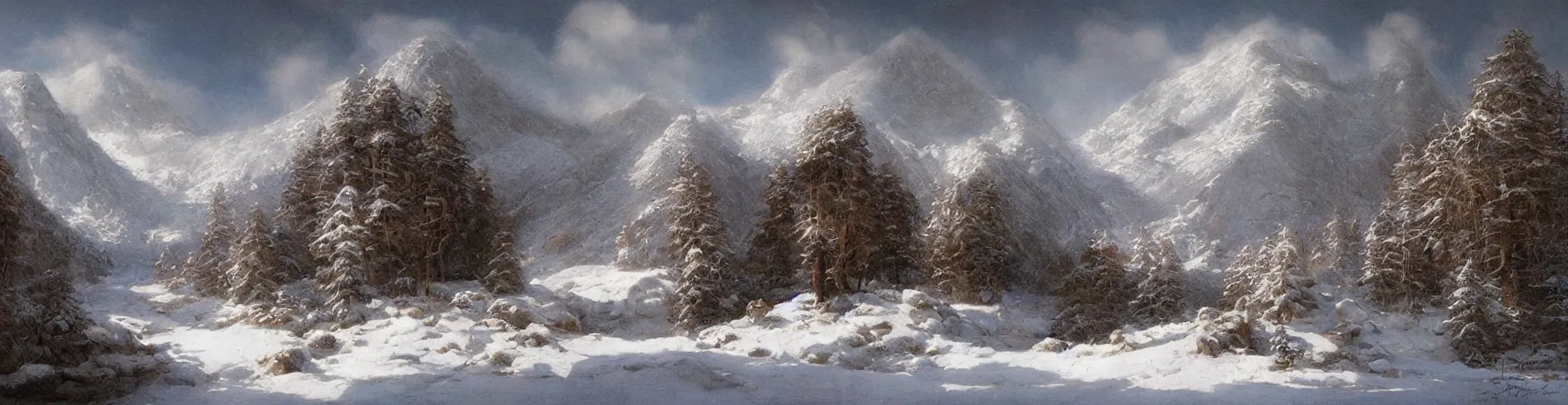 Prompt: beautiful painting of mountain landscape covered in snow by john howe, fantasy