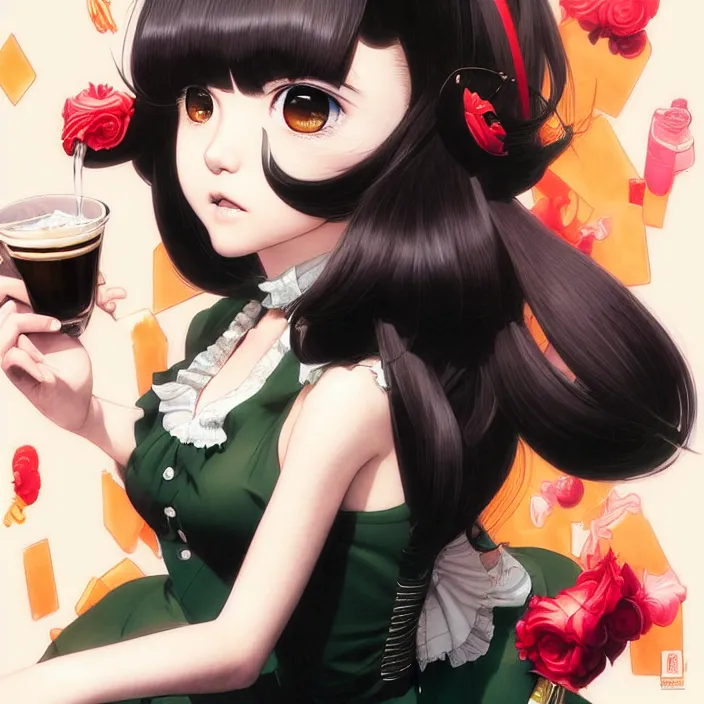 Image similar to portrait of a snobby young mexican socialite drinking an espresso, by range murata katsuhiro otomo, yoshitaka amano, nico tanigawa, and artgerm rendered with 3 d effect, sweet artpiece.