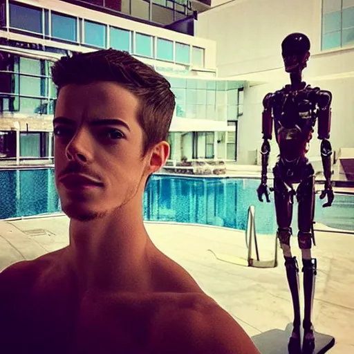 Image similar to “a realistic detailed photo of a guy who is an attractive humanoid who is half robot and half humanoid, who is a male android, actor Grant Gustin, shiny skin, posing like a statue, blank stare, by the pool, on display”