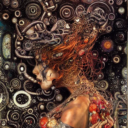 Image similar to cybernetic demon dreaming, lsd, circuitry, intricate detail, klimt, royo,